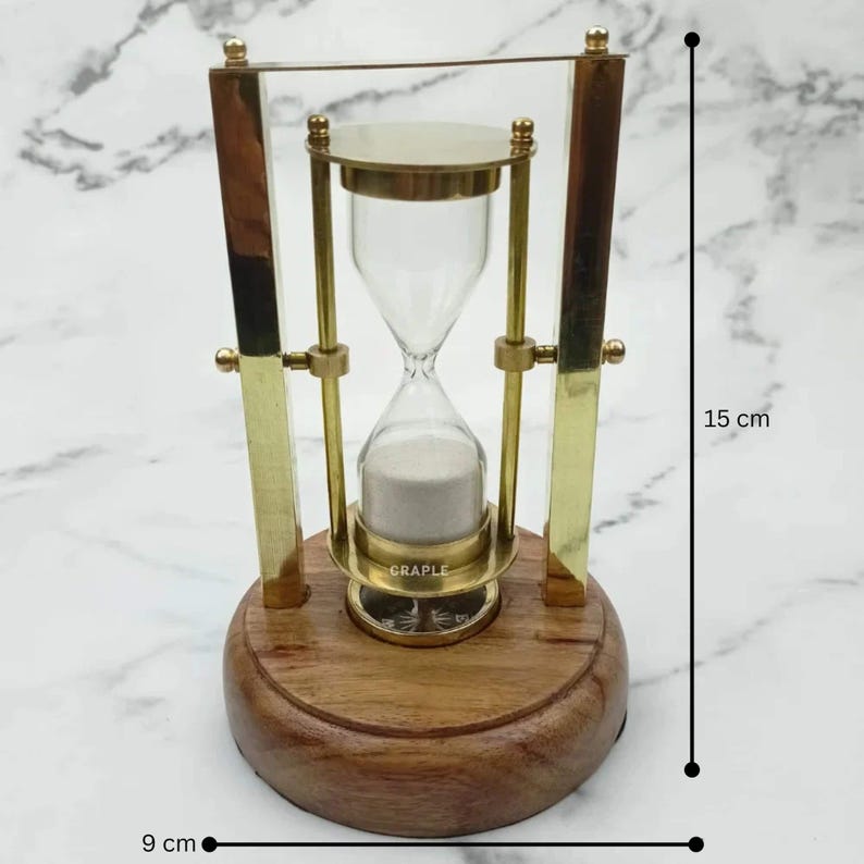 Rotating Brass Hourglass with Wooden Base and Compass, 3-Minute, White Sand view 6