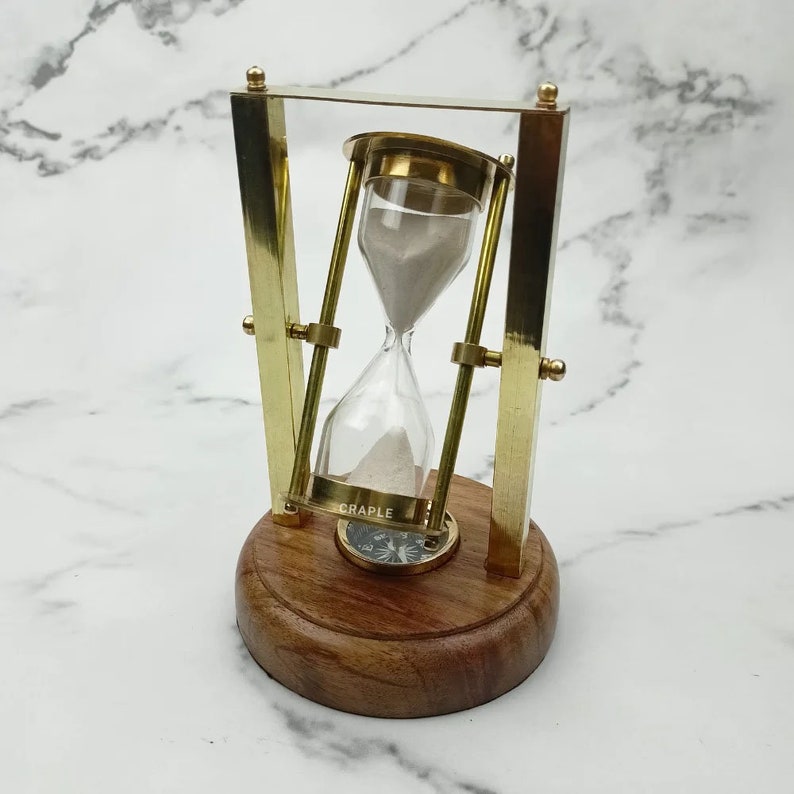 Rotating Brass Hourglass with Wooden Base and Compass, 3-Minute, White Sand view 8