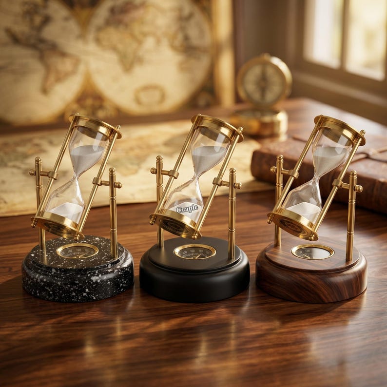 Rotating Brass Hourglass with Compass Base, 3-Minute view 11