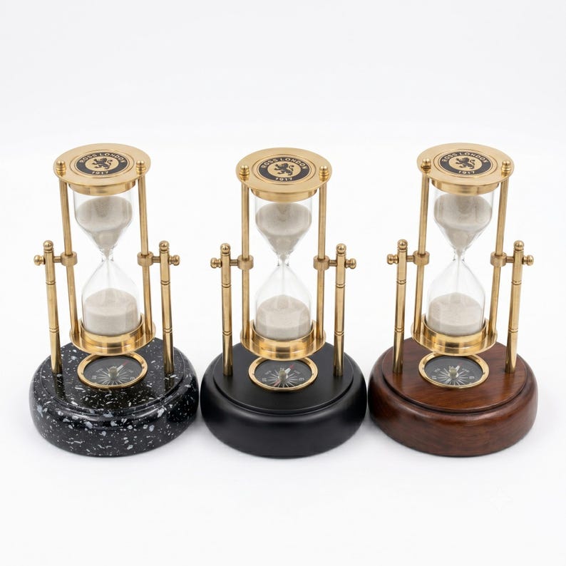 Rotating Brass Hourglass with Compass Base, 3-Minute view 14