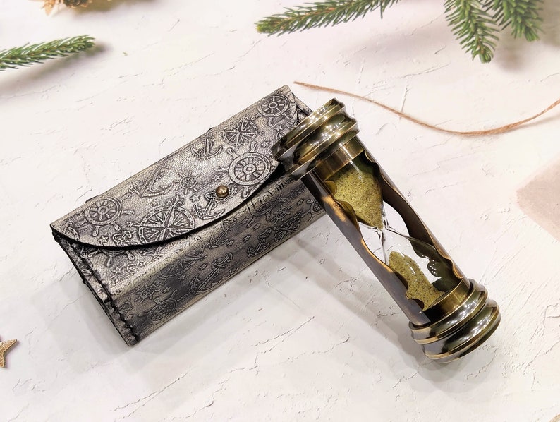 Brass Hourglass with Compass and Leather Case, 3-Minute view 7