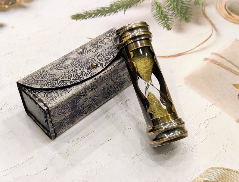 Brass Hourglass with Compass and Leather Case, 3-Minute view 8