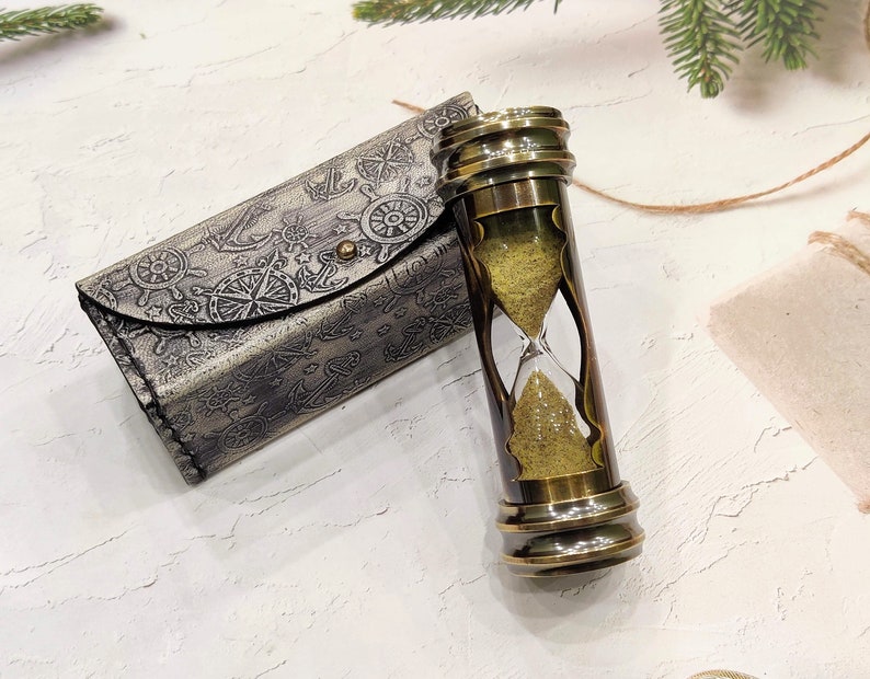 Brass Hourglass with Compass and Leather Case, 3-Minute view 9