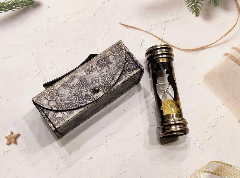 Brass Hourglass with Compass and Leather Case, 3-Minute view 10