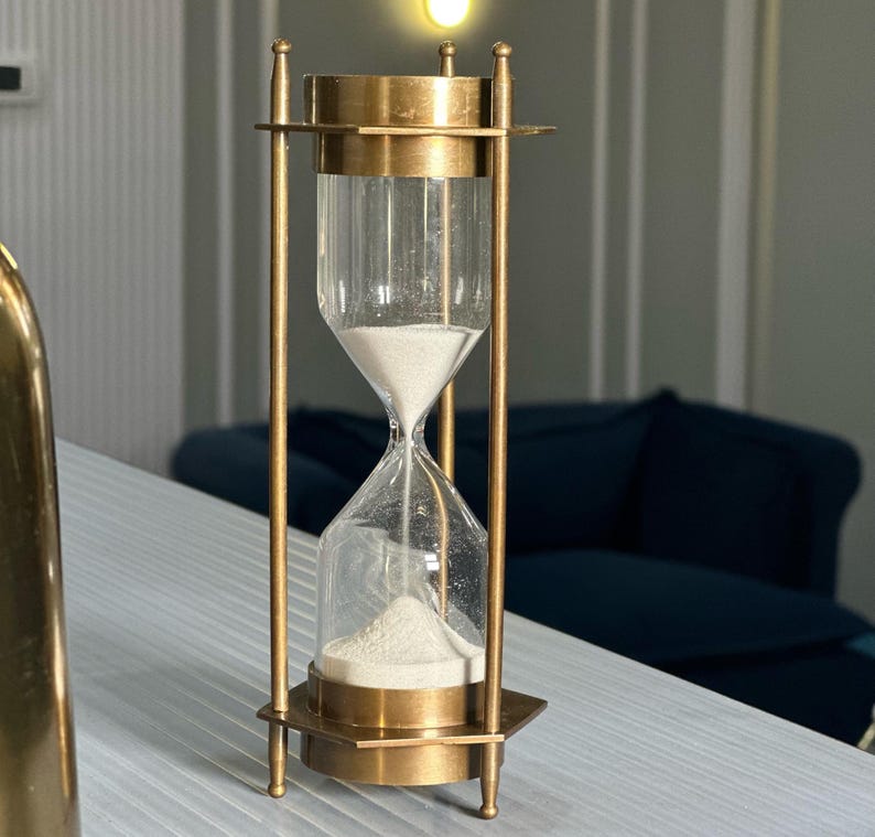 Antique Brass Hourglass, 5-Minute, White Sand view 2