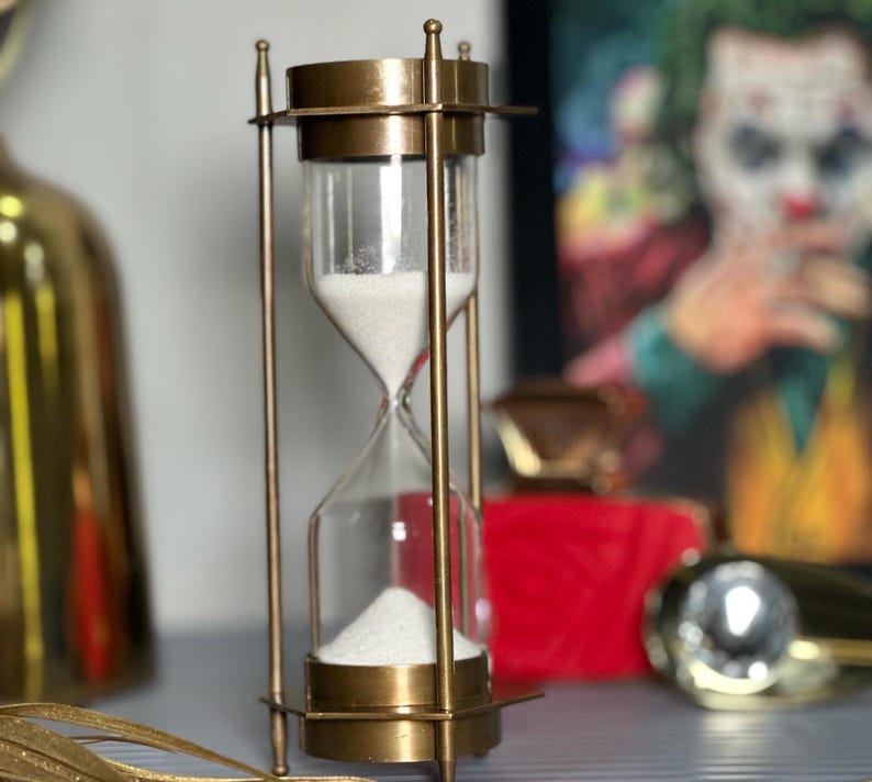 Antique Brass Hourglass, 5-Minute, White Sand view 9