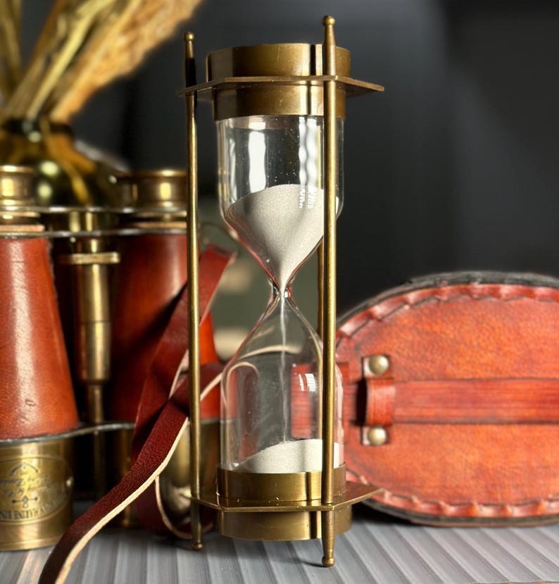 Antique Brass Hourglass, 5-Minute, White Sand view 10