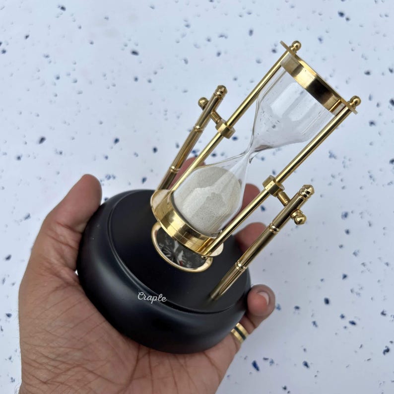 Rotating Brass Hourglass with Black Wooden Base and Compass, 3-Minute, White Sand view 3