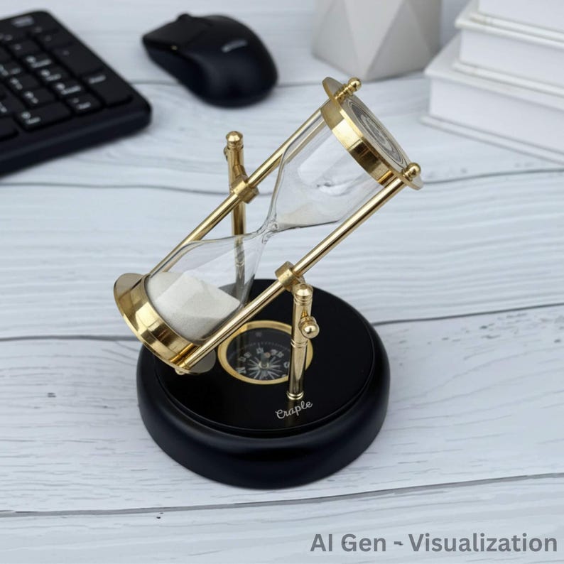 Rotating Brass Hourglass with Black Wooden Base and Compass, 3-Minute, White Sand view 5