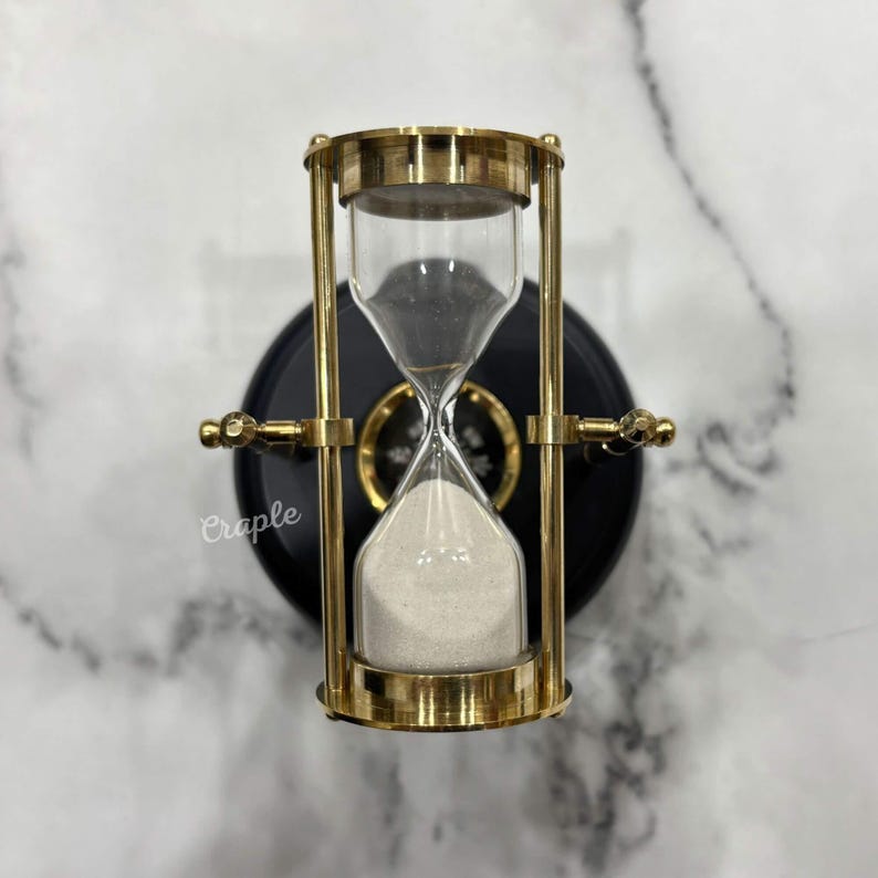 Rotating Brass Hourglass with Black Wooden Base and Compass, 3-Minute, White Sand view 6