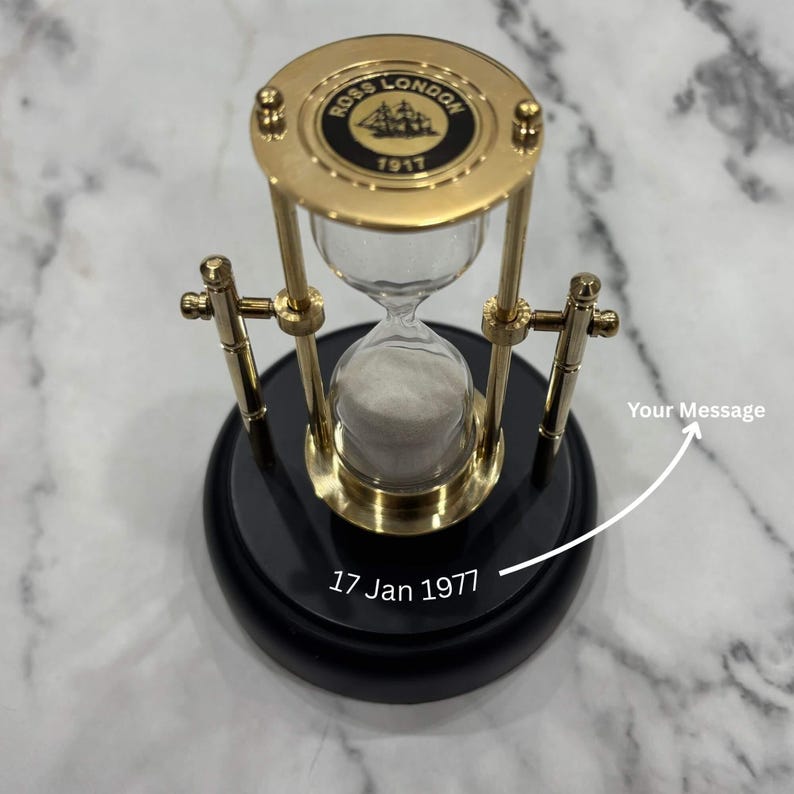 Rotating Brass Hourglass with Black Wooden Base and Compass, 3-Minute, White Sand view 8