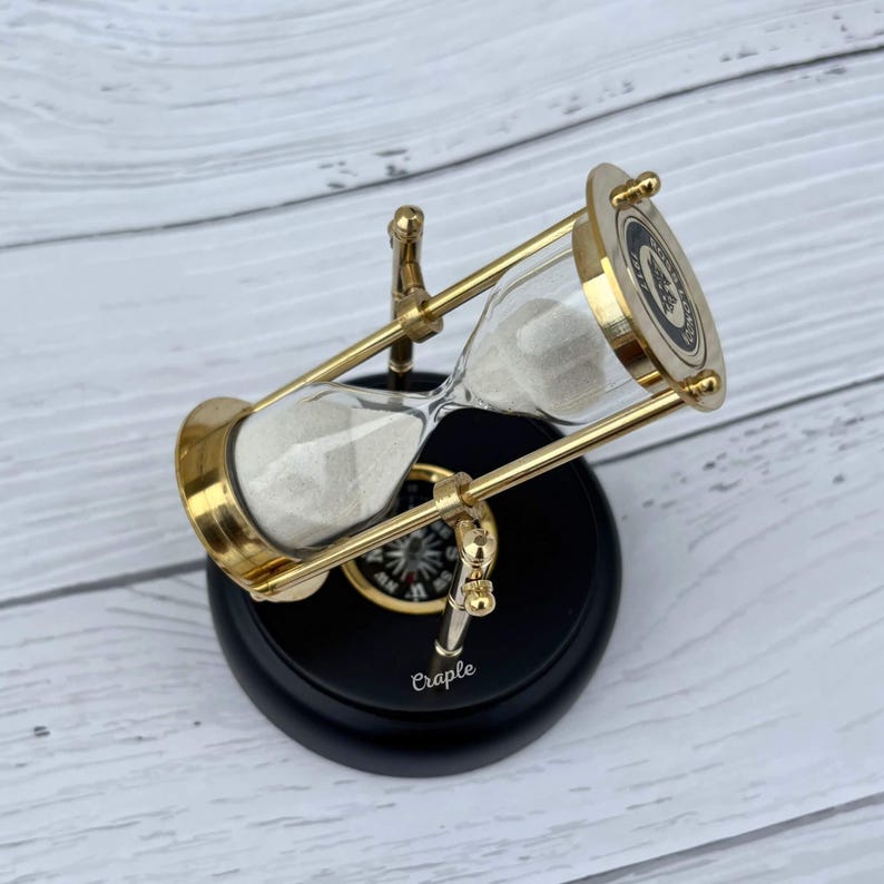 Rotating Brass Hourglass with Black Wooden Base and Compass, 3-Minute, White Sand view 10