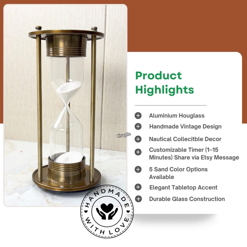 Antique Brass Hourglass, 3-Minute, White Sand view 4