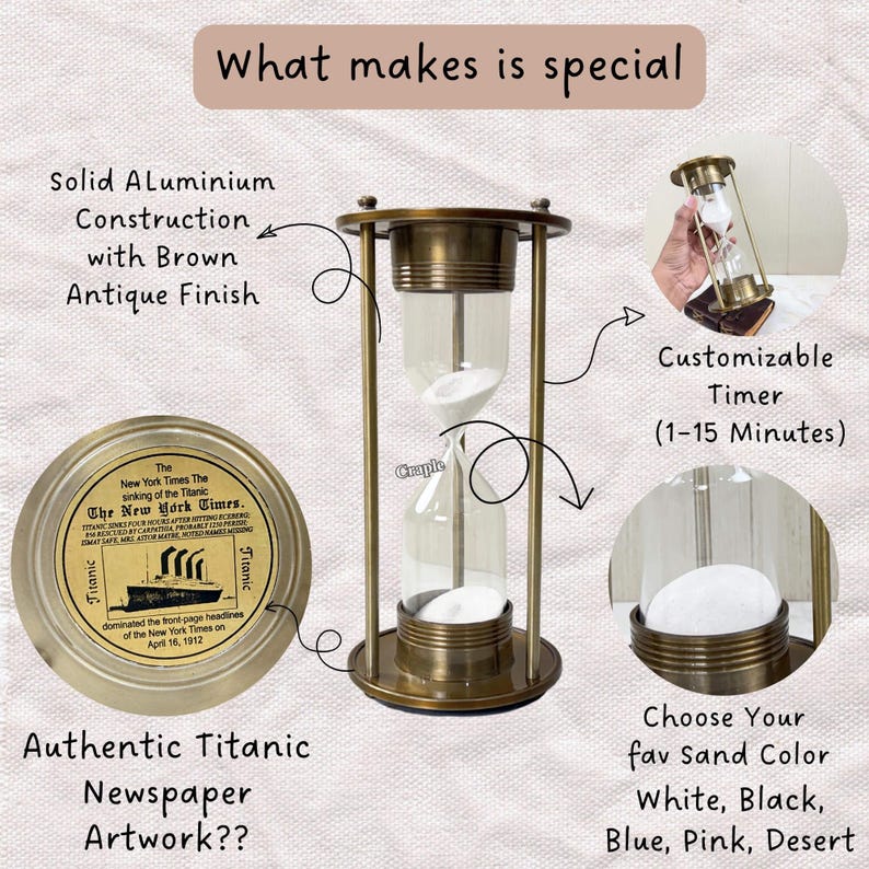 Antique Brass Hourglass, 3-Minute, White Sand view 5