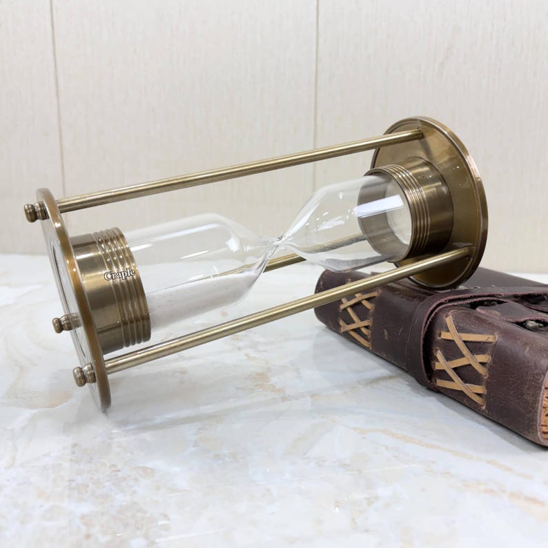 Antique Brass Hourglass, 3-Minute, White Sand view 7
