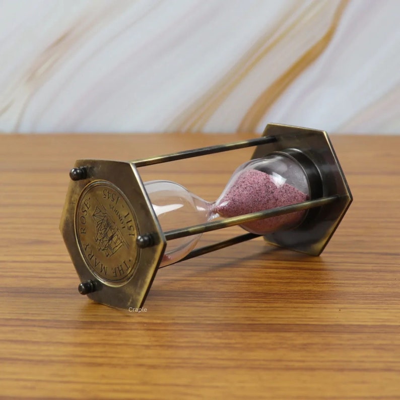 Antique Brass Hourglass, 3-Minute, Pink Sand view 3