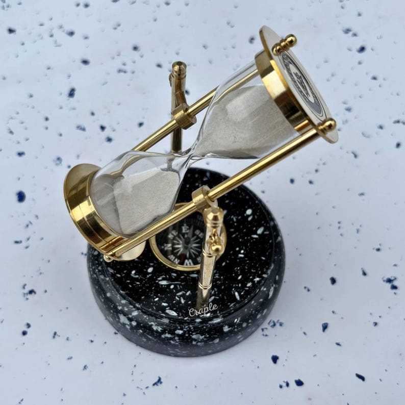 Rotating Brass Hourglass with Marble Base and Compass, 3-Minute view 2