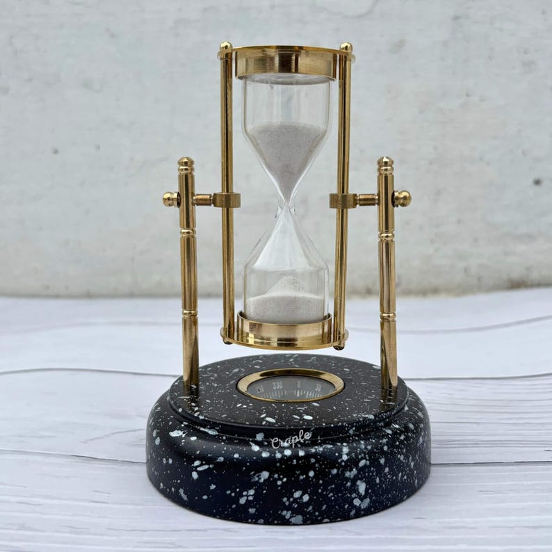 Rotating Brass Hourglass with Marble Base and Compass, 3-Minute view 4