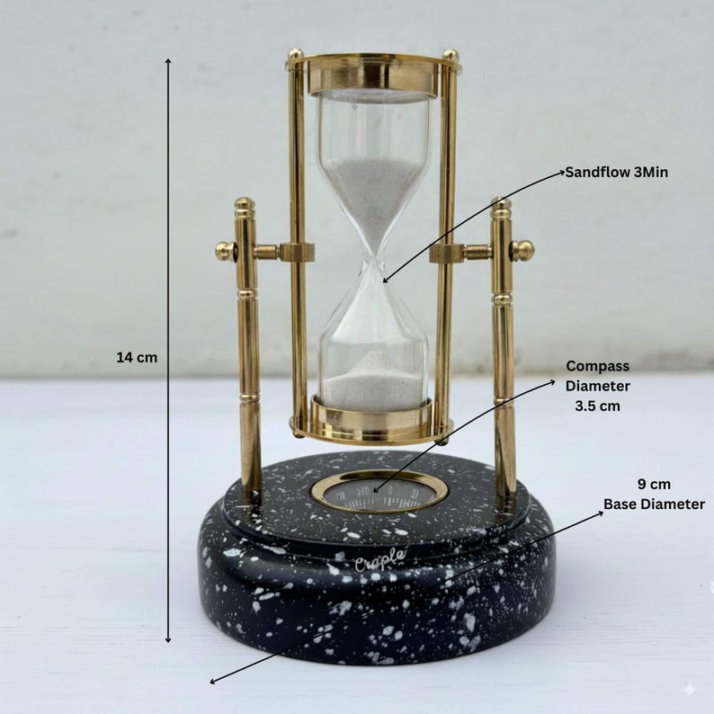 Rotating Brass Hourglass with Marble Base and Compass, 3-Minute view 5