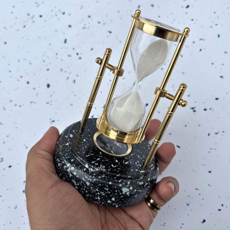 Rotating Brass Hourglass with Marble Base and Compass, 3-Minute view 10
