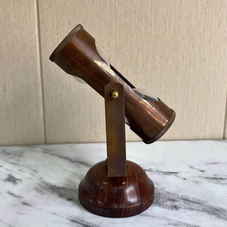 Antique Brass Hourglass with Dual Compasses and Wood Base, 3-Minute view 4