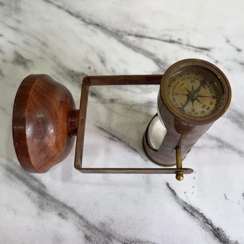 Antique Brass Hourglass with Dual Compasses and Wood Base, 3-Minute view 5