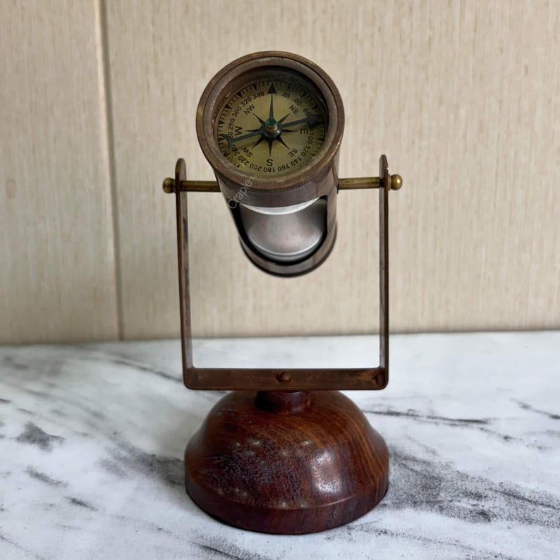 Antique Brass Hourglass with Dual Compasses and Wood Base, 3-Minute view 7