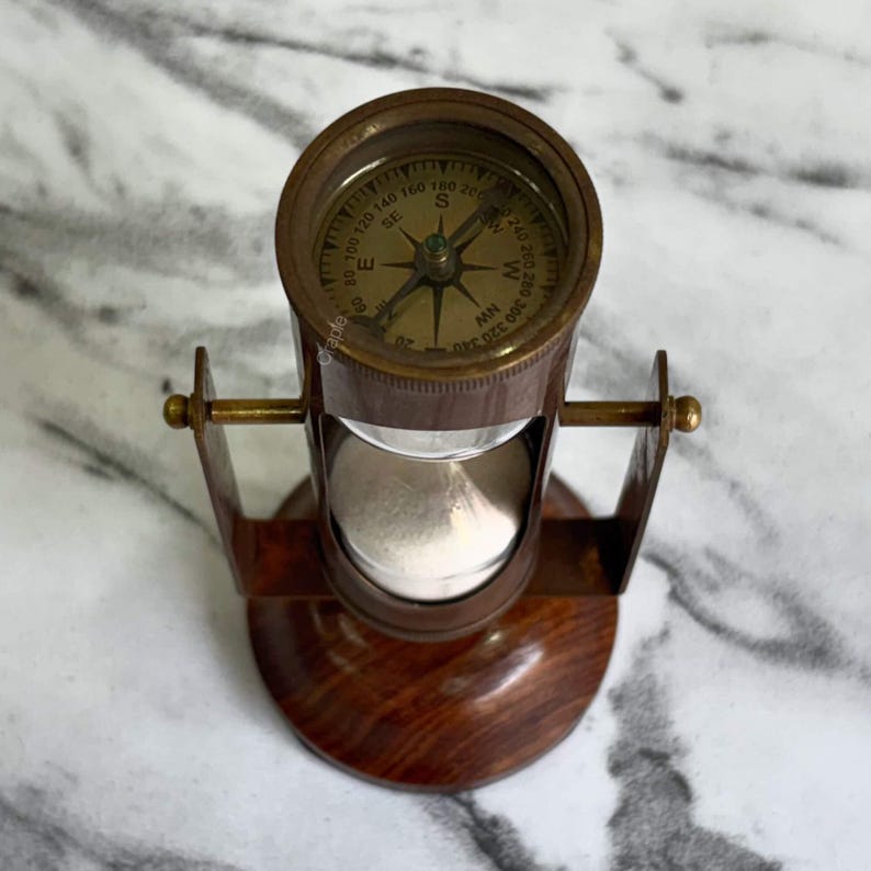 Antique Brass Hourglass with Dual Compasses and Wood Base, 3-Minute view 8