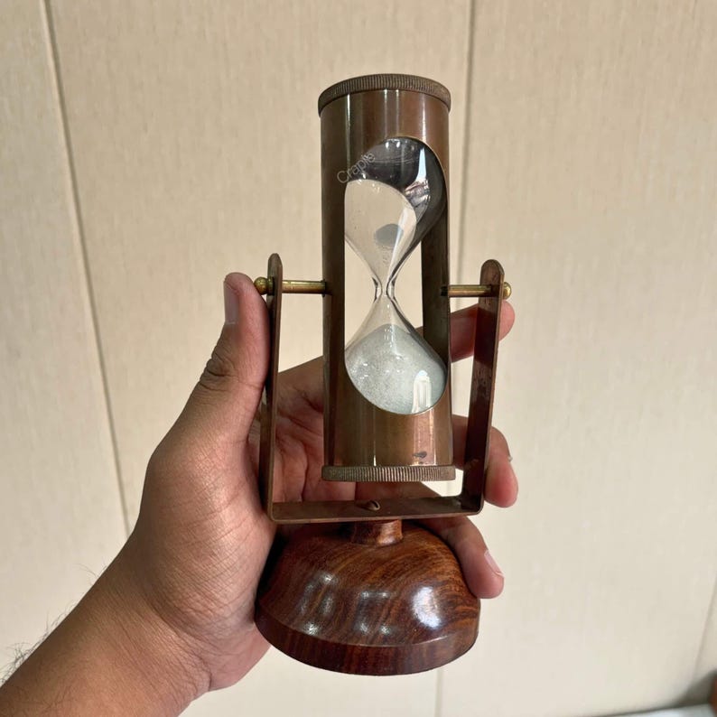 Antique Brass Hourglass with Dual Compasses and Wood Base, 3-Minute view 9