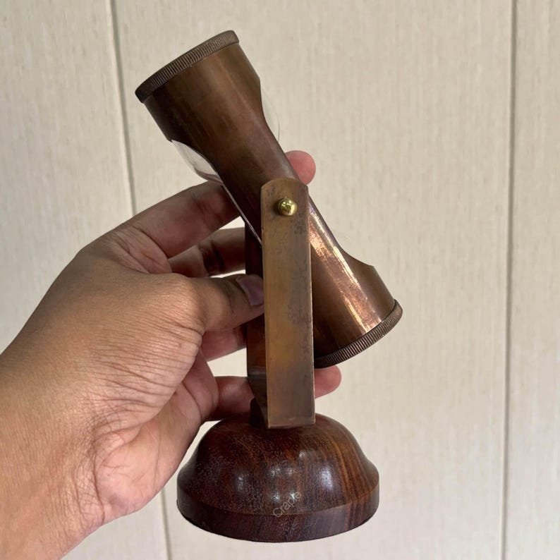 Antique Brass Hourglass with Dual Compasses and Wood Base, 3-Minute view 10
