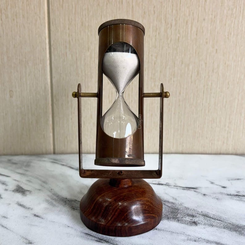 Antique Brass Hourglass with Dual Compasses and Wood Base, 3-Minute view 12