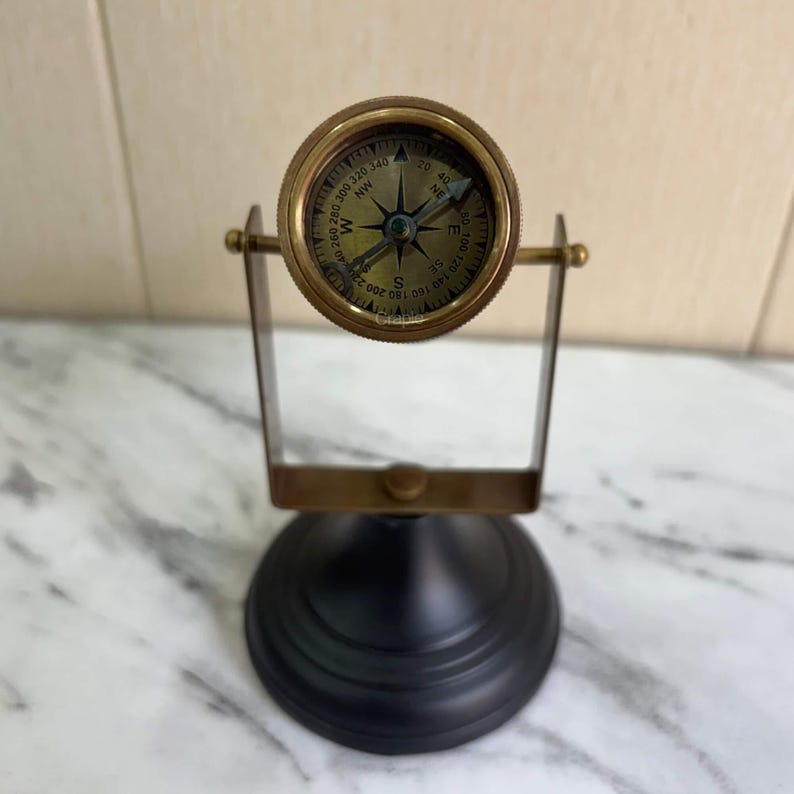 Antique Brass Hourglass with Dual Compasses and Black Wood Base, 3-Minute view 2