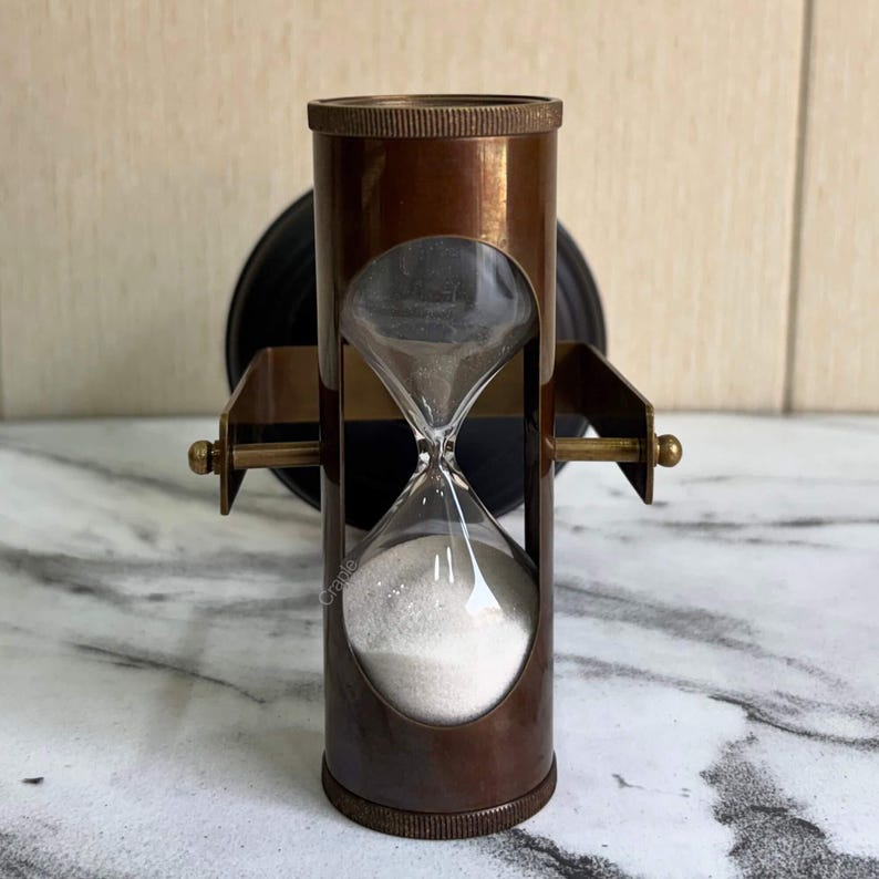 Antique Brass Hourglass with Dual Compasses and Black Wood Base, 3-Minute view 5