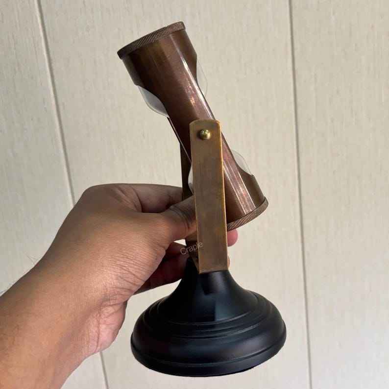 Antique Brass Hourglass with Dual Compasses and Black Wood Base, 3-Minute view 8