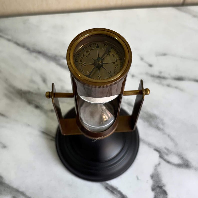Antique Brass Hourglass with Dual Compasses and Black Wood Base, 3-Minute view 10