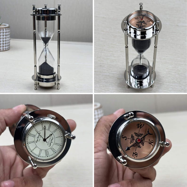 3-in-1 Brass Hourglass with Clock and Compass, 3-Minute view 6