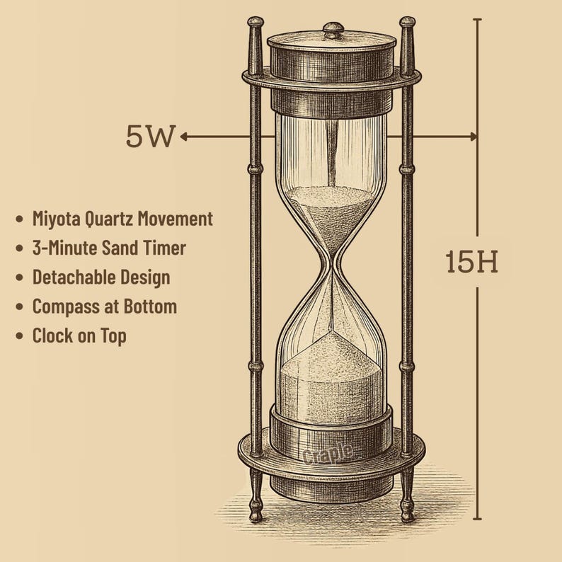 3-in-1 Brass Hourglass with Clock and Compass, 3-Minute view 9