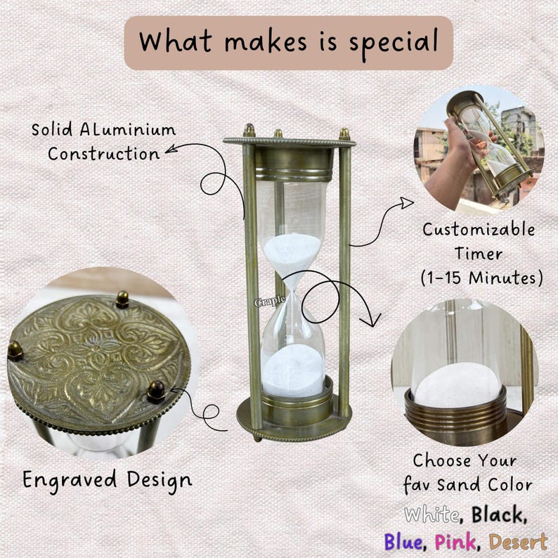 Antique Brass Hourglass, 5-Minute, White Sand view 2