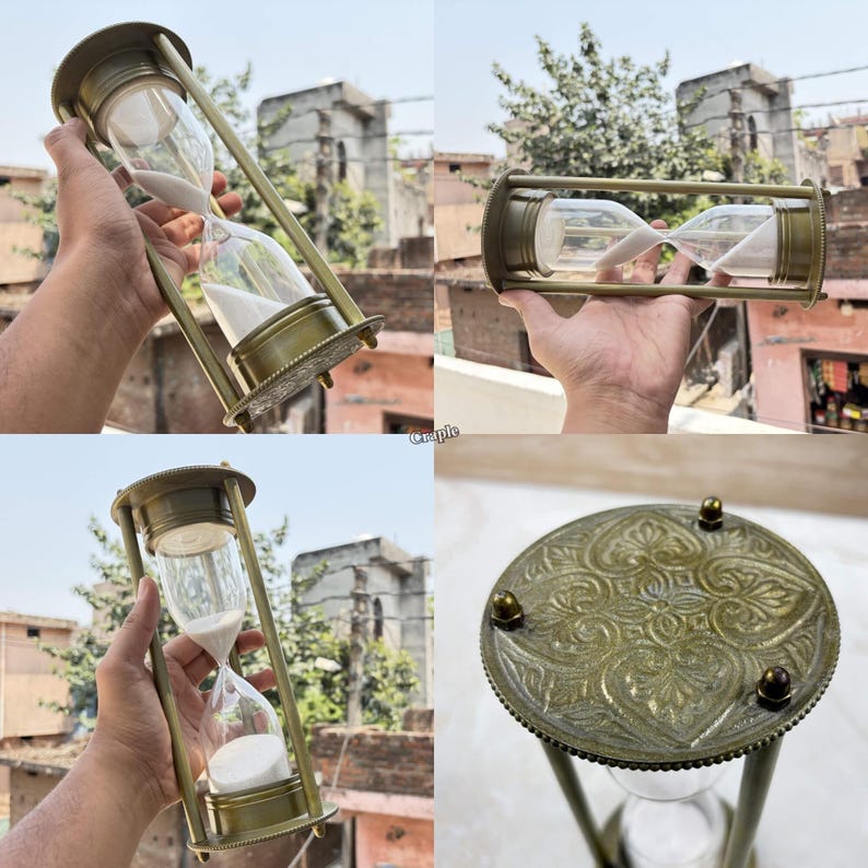 Antique Brass Hourglass, 5-Minute, White Sand view 3