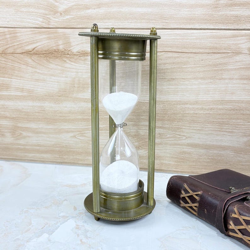 Antique Brass Hourglass, 5-Minute, White Sand view 5