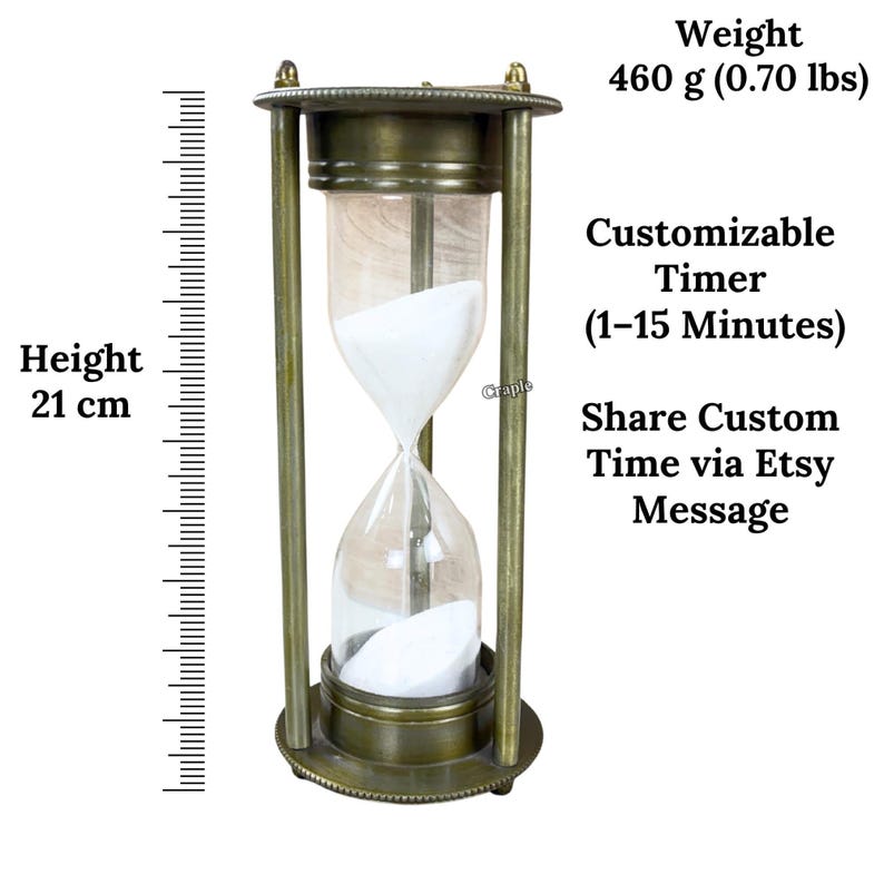 Antique Brass Hourglass, 5-Minute, White Sand view 10