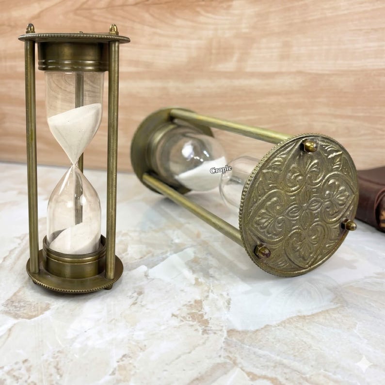 Antique Brass Hourglass, 5-Minute, White Sand view 11