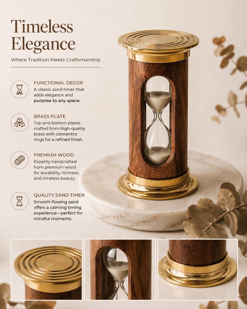 Wood and Brass Hourglass, 1-Minute, Engraved Detail view 3