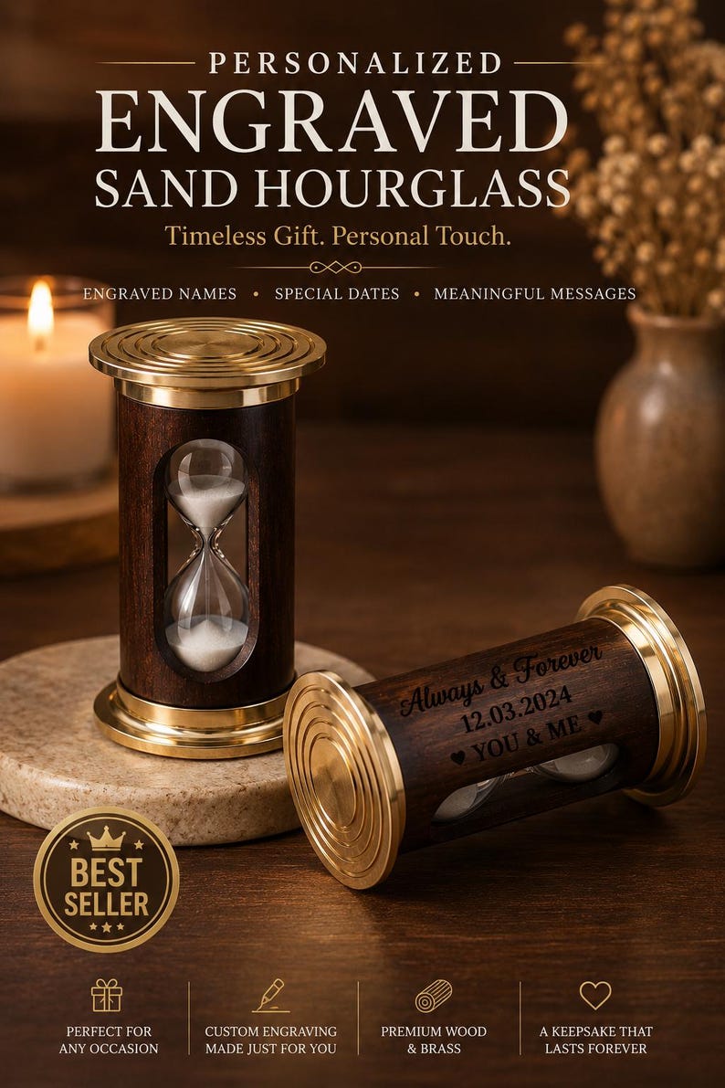 Wood and Brass Hourglass, 1-Minute, Engraved Detail view 4