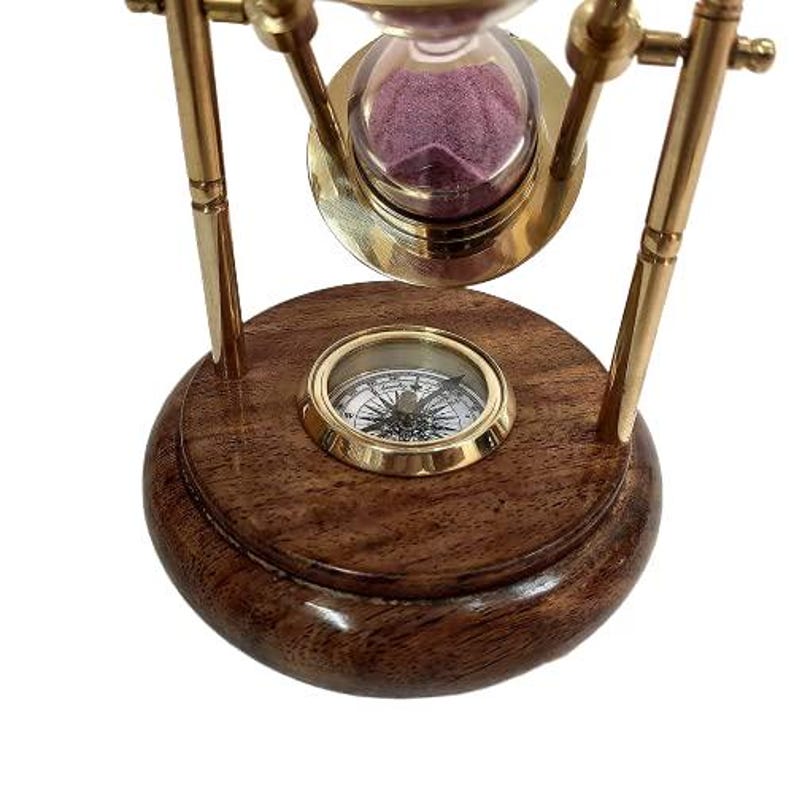 Rotating Brass Hourglass with Wooden Base and Compass, 2-Minute, Pink Sand view 3