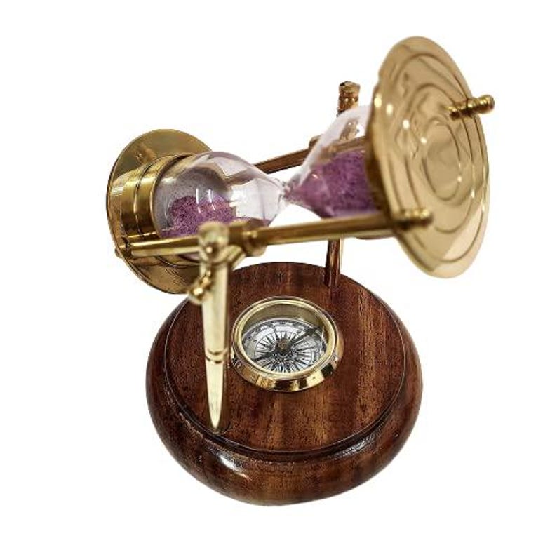 Rotating Brass Hourglass with Wooden Base and Compass, 2-Minute, Pink Sand view 4