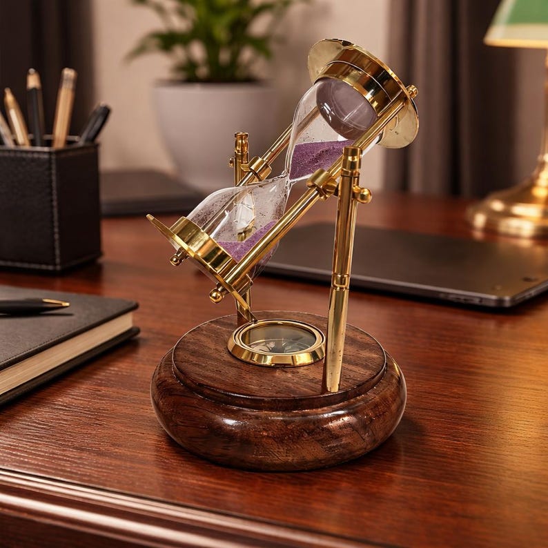 Rotating Brass Hourglass with Wooden Base and Compass, 2-Minute, Pink Sand view 5