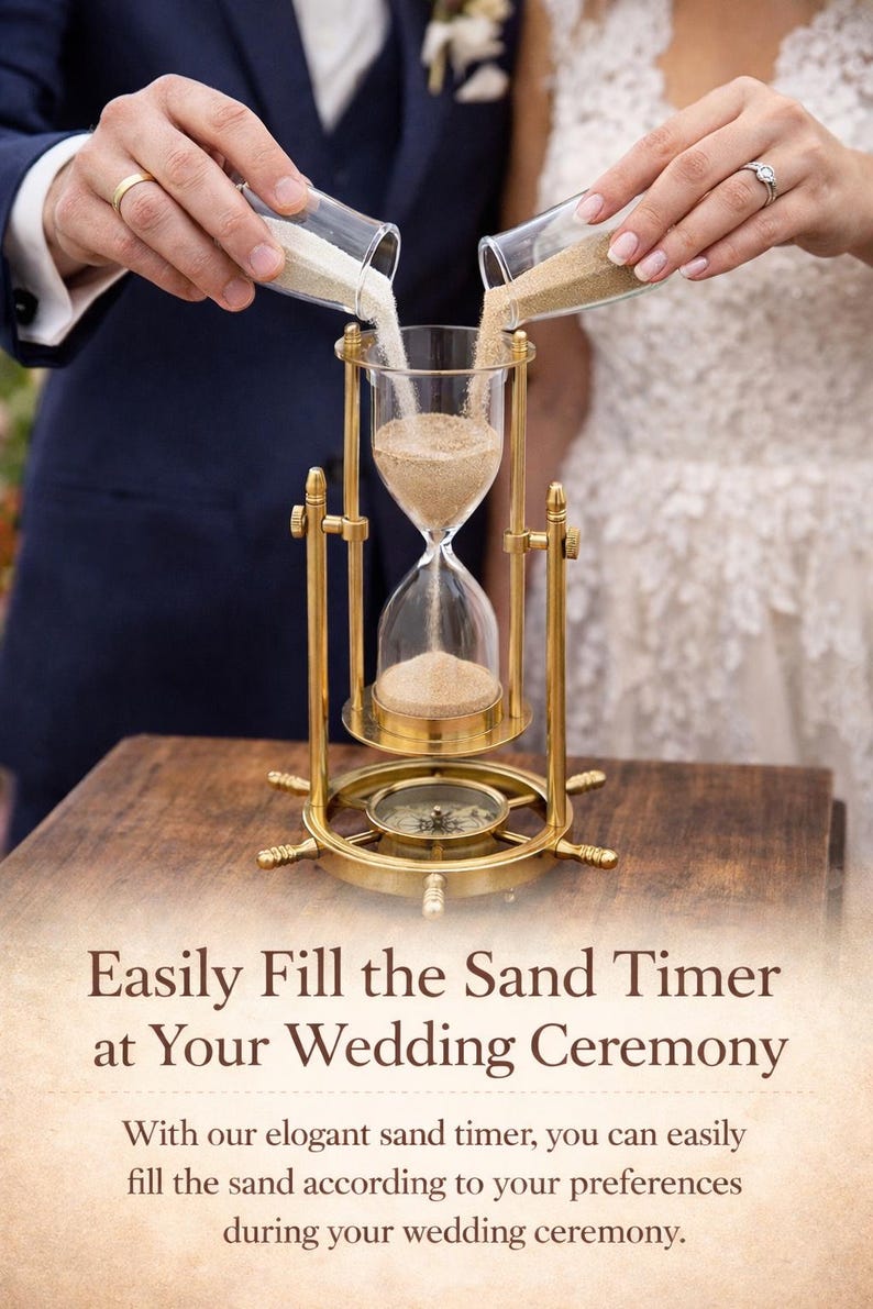 Fillable Brass Hourglass with Working Compass and Ship Wheel Base, 10-Minute view 7