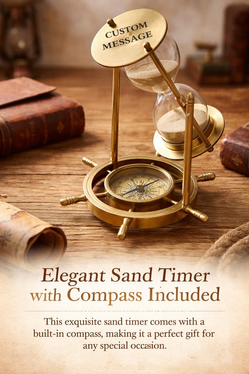 Fillable Brass Hourglass with Working Compass and Ship Wheel Base, 10-Minute view 9