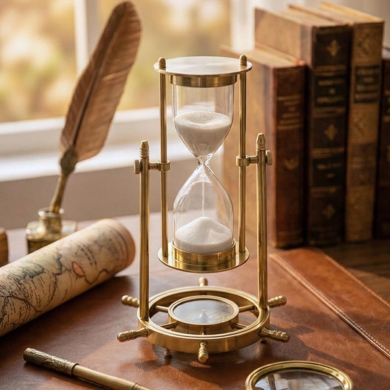 Fillable Brass Hourglass with Working Compass and Ship Wheel Base, 10-Minute view 11